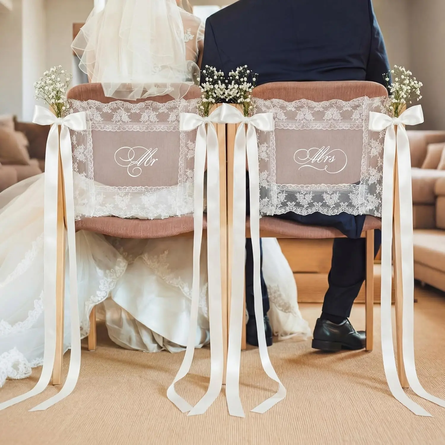 2 Pcs Just Married Chair Signs for Wedding Ceremony, Set of 2 Romantic Wedding Chair Decorations withRibbon, Bride and Groom Chair Bannersfor Reception Sweetheart Table ChairsBack Decor Party Accessories Satin