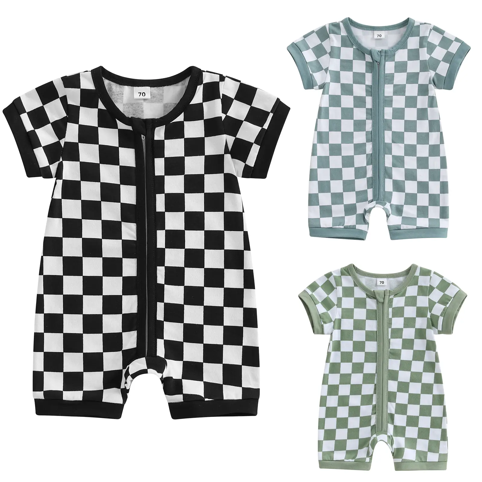 Newborn Baby Boy Girl Checkerboard Zipper Short Sleeve Plaid Romper Jumpsuit Bodysuit Infant Summer Outfit