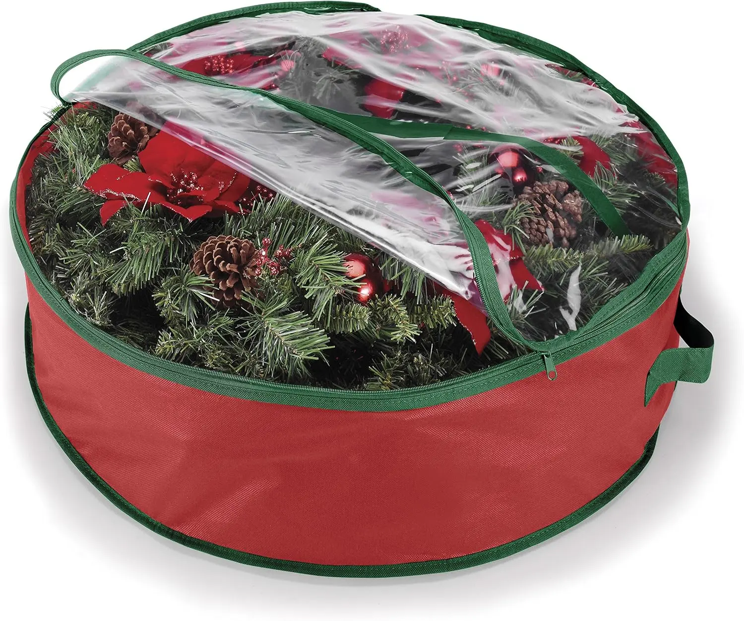 Red Wreath and Garland Storage Bag – Fits up to 30" Wreath, Tear-Resistant PE Material with Clear Top, Reinforced Handles & Zipper for Artificial Wreath, Garland and Holiday Decor Organization