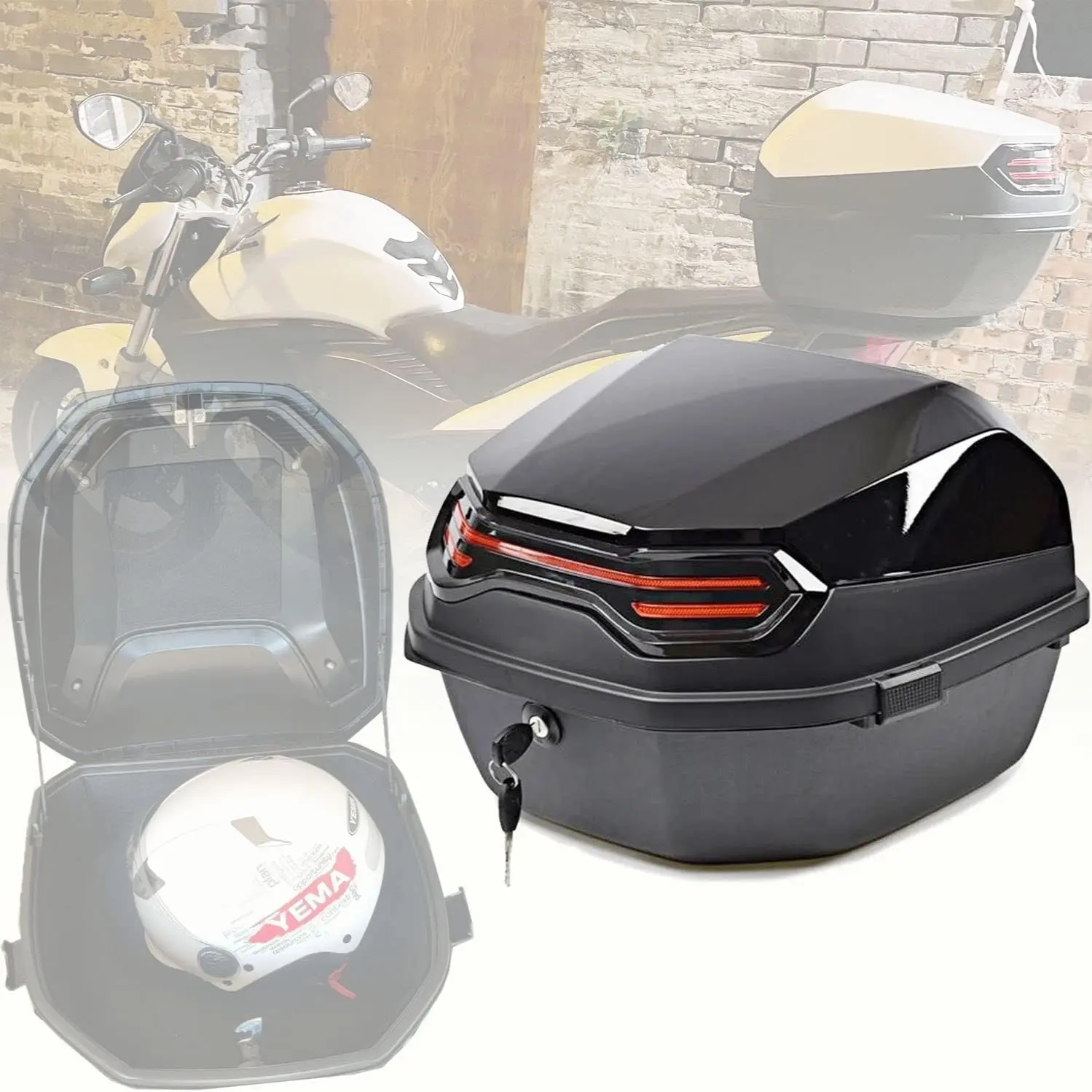 9.25 Gallon Motorcycle Top Box with Backrest Abs Waterproof Locking Tail Box, Hard Shell Motorcycle Luggage, Helmet Gear Holder, Motorcycle Storage, Motorcycle Accessories