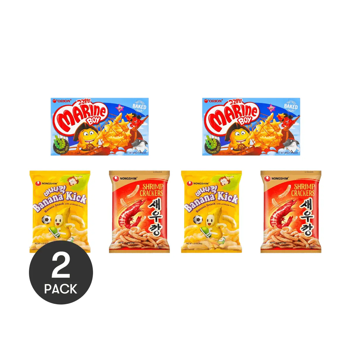 NONGSHIM Korean Shrimp Chips 75g x2 + Natural Banana Chips 45g + ORION Seaweed Fish Snacks 40g - Jennie's Favorite Snack Set