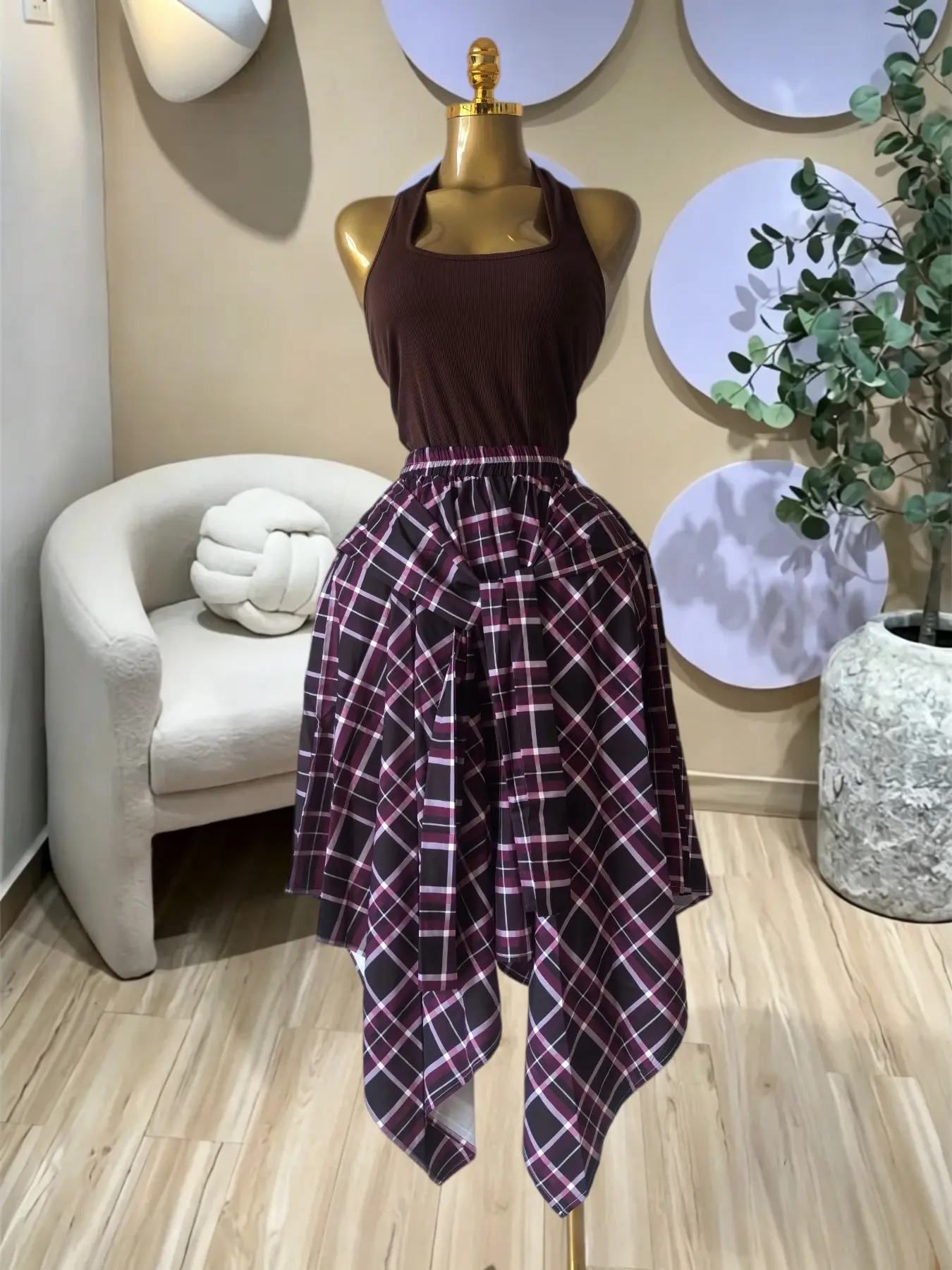 PULKRITU Women's Halter Top and Asymmetrical Plaid Ruffle Pleated Skirt Two-Piece Set, High Waist Matching, Casual Beach Resort Vacation Street Lady Two-Piece Set, Clothes, Fashion Style Sets