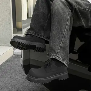 Men's Retro Streetwear Chunky Platform Ankle Boots - Thick Sole Height-Boosting Lace-Up Shoes, PU Upper & Durable Rubber Sole, All-Season Comfort for Business Casual & Outdoor Wear, Solid Black, Round Toe Boot, Tractionenhanced Sole, Casual Boy Footwear
