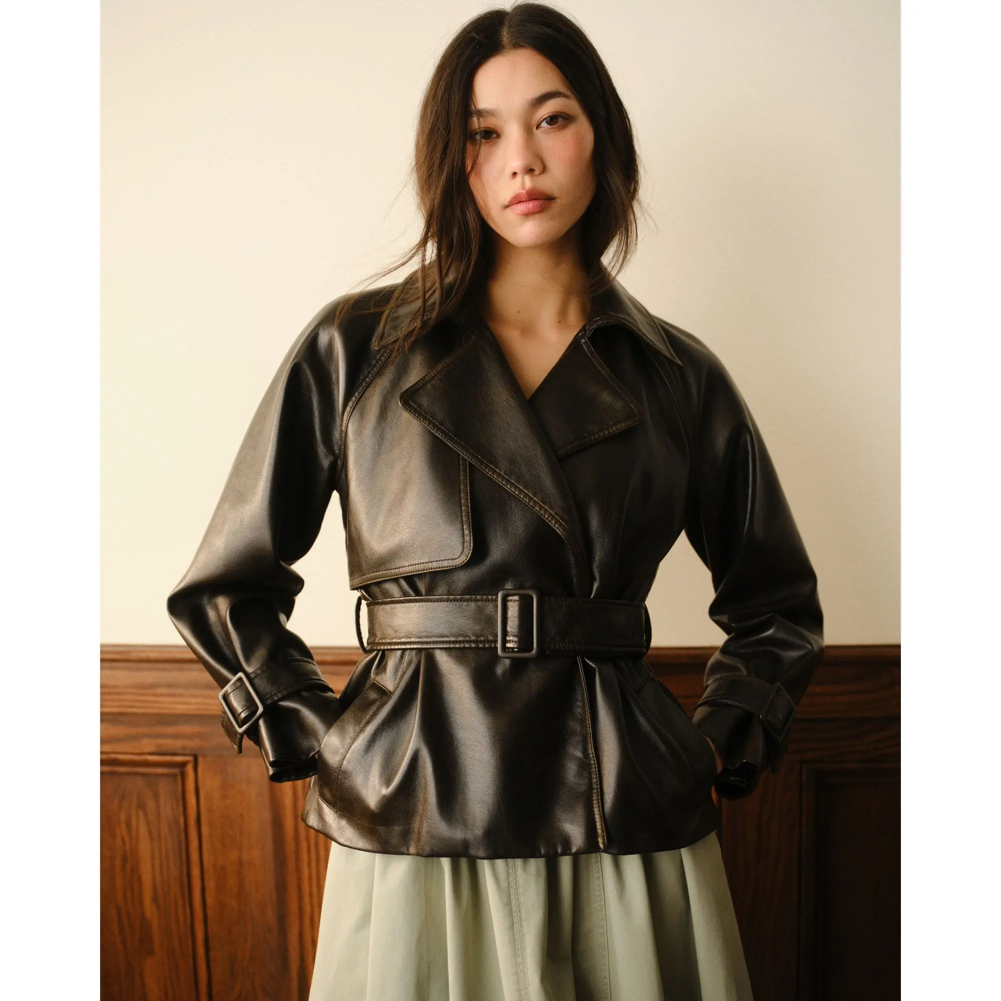 Abercrombie & Fitch Vegan Leather Belted Short Trench Coat