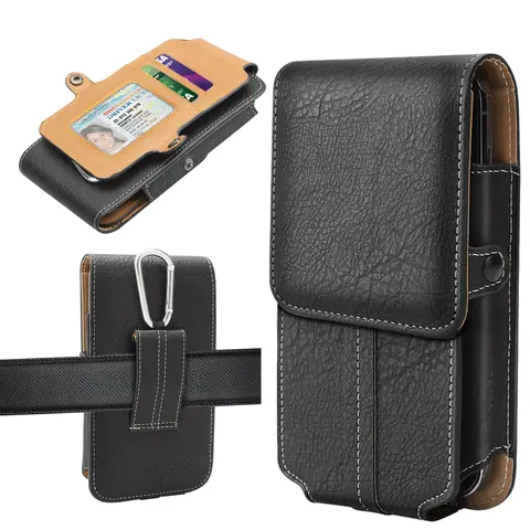 Cell Phone Holster Pouch with Card Holder, Leather Phone Holster for Belt Men with Clip Wallet Case Fit for iPhone 18/17/16/15/14/13/12 Pro Max Samsung Galaxy S25 S24 S23 S22 S21 S20 Ultra Travel Crossbody Cell Phone Purse Belt Bag