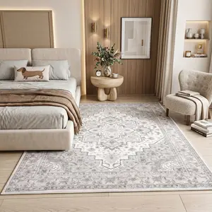 COLLA Boho Print Ultra Soft Faux Cashmere Area Rug, Grey Bohemian Vintage Apricot Non-Slip Carpet, Modern Aesthetic Home Decor for Living Room Bedroom