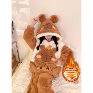 Winter Cartoon Thick Sleepwear Set for Women, Cute Hoodie Two piece Set, Top with Cap, Cardskin Bear Embroidery Craftsmanship, Velvet Elastic Belt Pants, Women's Soft and Warm Hooded Coral Home Outerwear