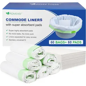 60 Pack Commode Liners with Absorbent Pads, 60 Bedside Commode Liners and 60 Commode Pads, Portable Toilet Liners for Commode Bucket| Universal Fit| Make Cleanup Simple