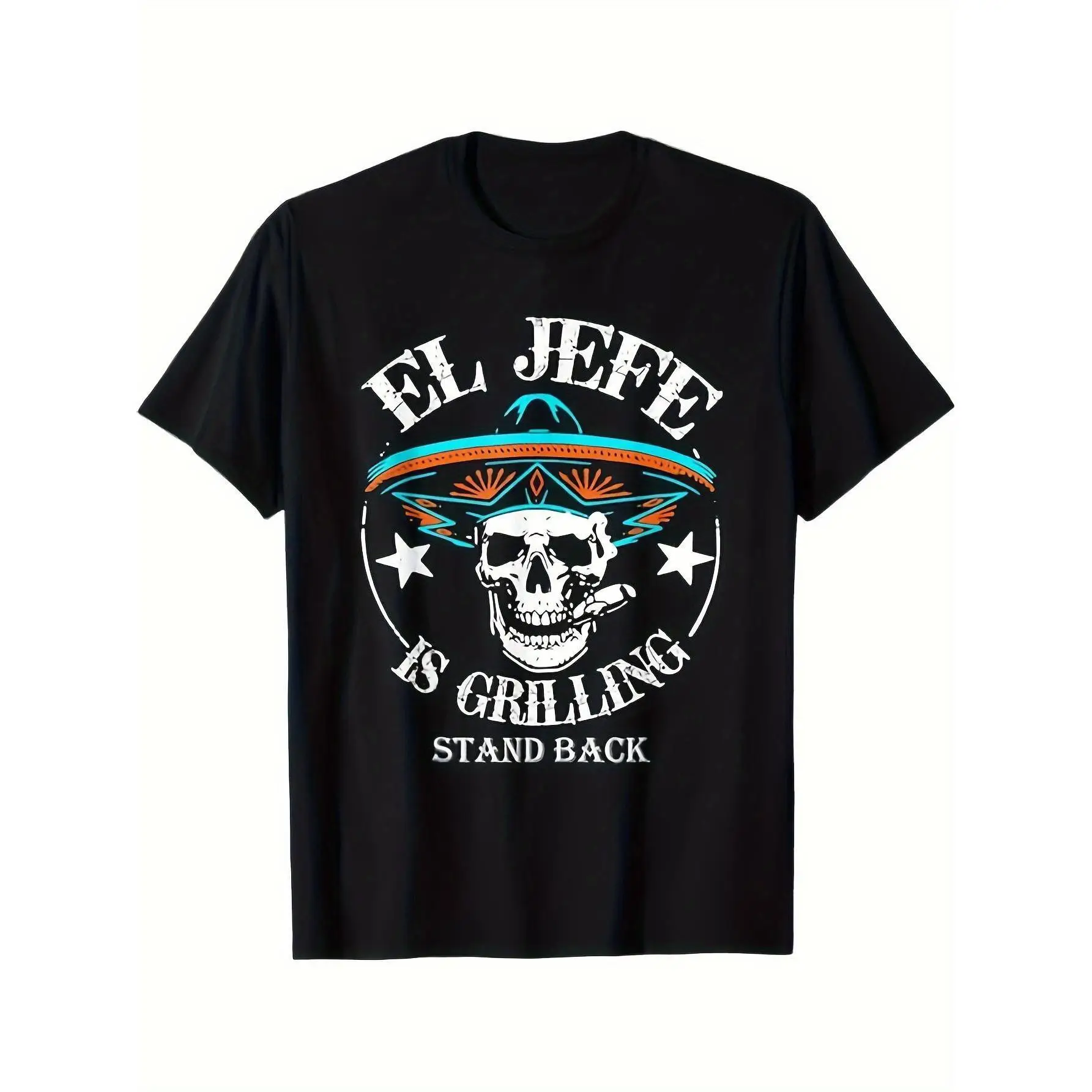 100% Cotton Men's Funny "El Jeffe Is Grilling Stand Back" Mexican Dad T-Shirt - Sombrero & Skull Graphic, Casual Short Sleeve Tee, Machine Washable, S