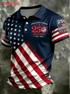 1776-2026 Independence Day Polo Shirt, Vintage American Flag Print, Slim-Fit Short Sleeve Men's Casual Top, Retro Striped Design