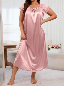 SlaySleep x Plus Size Women's Square Neck Bow Pajama Night Dress, Long Dress, Moo Moo