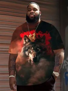 Men's Plus Size Wolf King Crown Print T-Shirt, Streetwear, Soft Breathable Fabric, All Season Comfort, Fashion Casual Top
