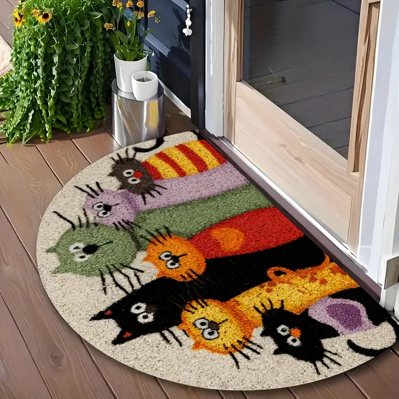 Half-Round Humorous Cartoon Cat Mat, Colorful Non-Slip Indoor and Outdoor Rug, Animal Printed Rug, Animal-Print Entrance Rug for Hall, Garden or Kitchen, Durable Polyester Gift for Cat Lovers