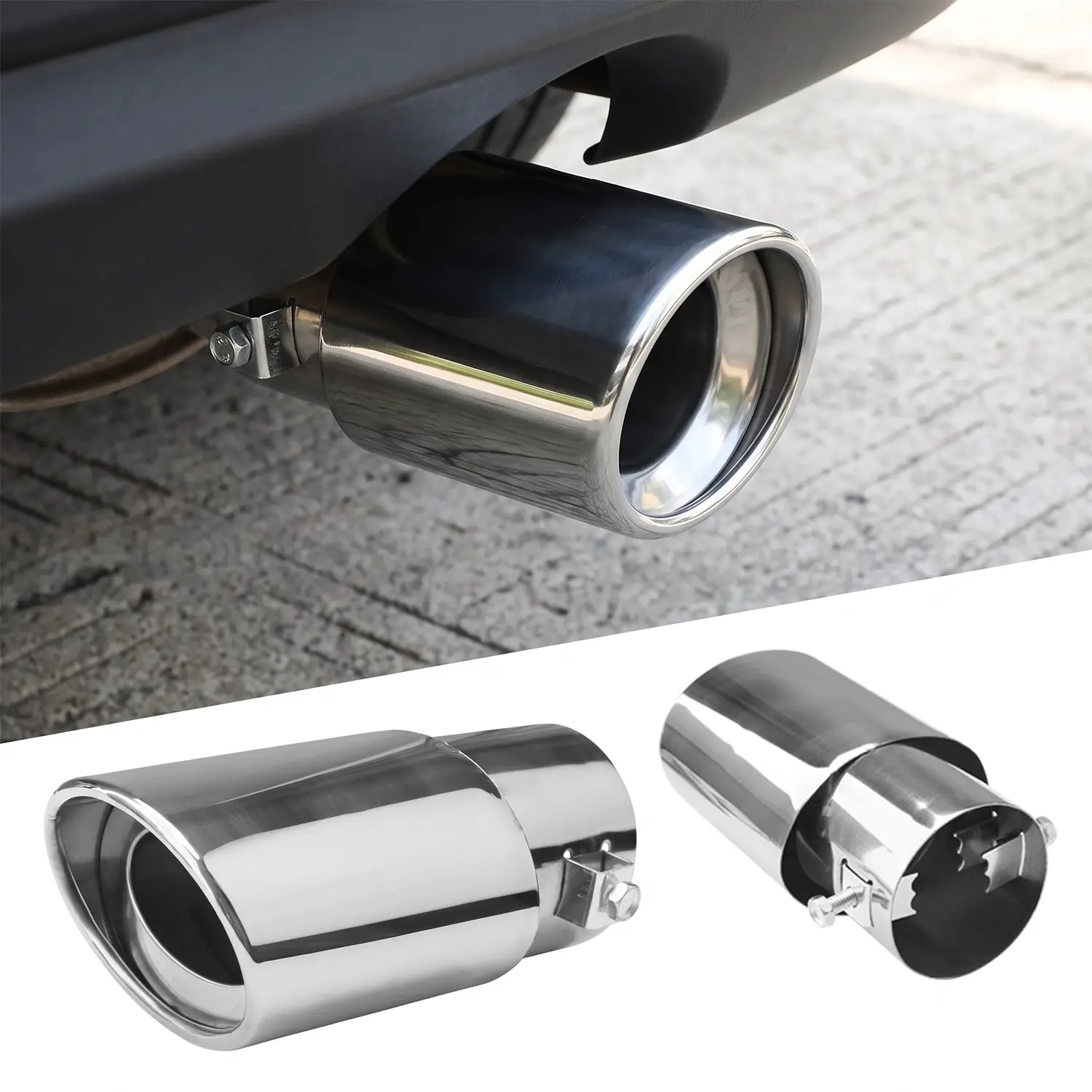 Chrome Finish Stainless Steel Car Exhaust Tip Trim - Universal Bolt-On Exterior Accessory for Cars/SUVs/Trucks, Fits 1.5-2.1in Pipe Diameters, No Welding Easy Installation Upgrade