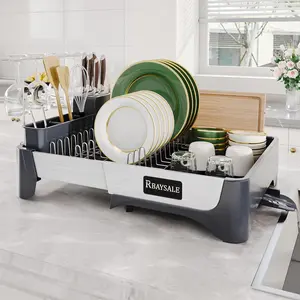 Large Expandable Stainless Steel Dish Rack With Aluminum Pull Plate, Wine Glass Holder and Utensil Holder
