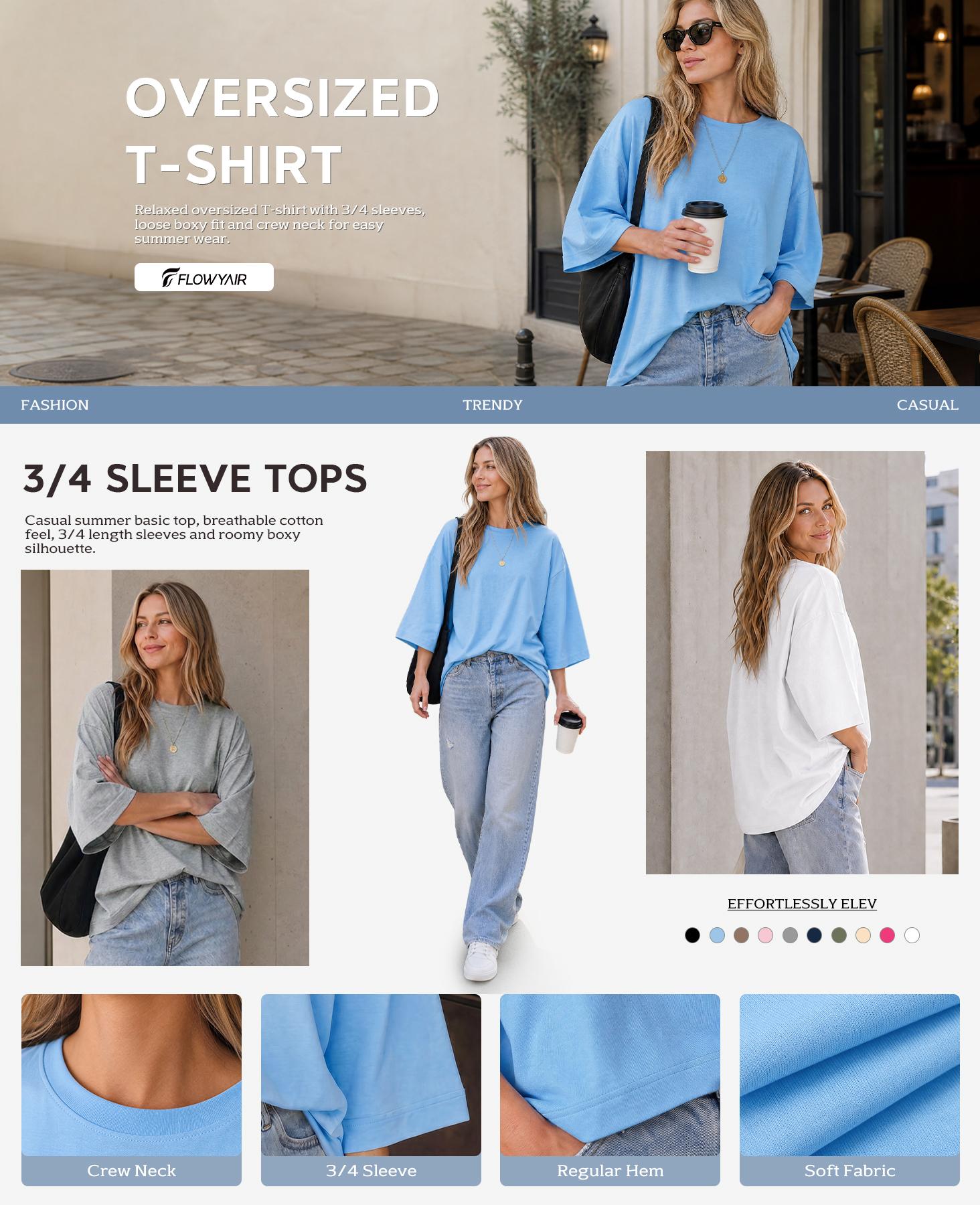 Flowyair Womens Oversized T-Shirt Casual 3/4 Sleeve Summer Boxy Tops Loose Fit Crew Neck Basic Shirts