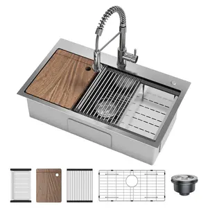 Garvee Drop in Kitchen Sink with Pull Down Spring Faucet, 30x18x9 Inch Stainless Steel Single Bowl Workstation Sink with Accessories for Kitchen(Black)