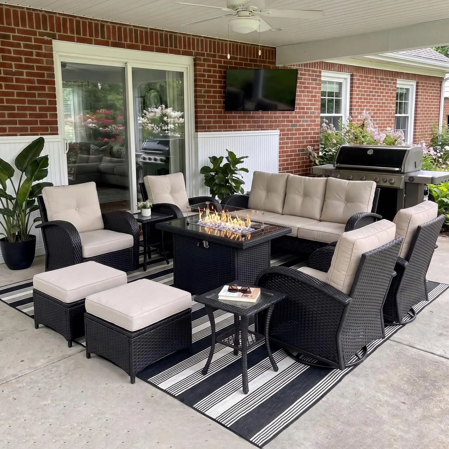 LayinSun 10-Piece Outdoor Patio Furniture Set with Fire Pit Table, Rattan Wicker Sectional Swivel Rocker Chairs, Heavy-Duty Patio Furniture Sets for Backyard Relaxation (Multiple Packages), Heavy-Duty Outdoor Furniture Sets