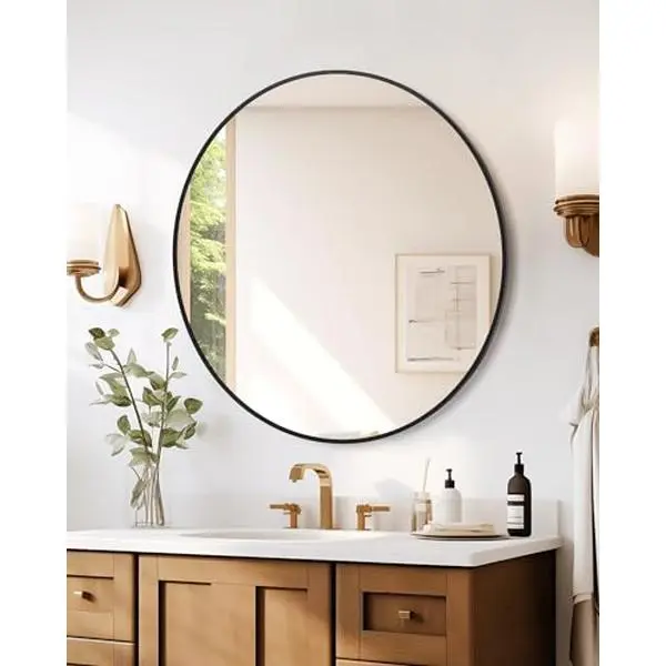 GARVEE 24 Inch Round Mirror with Metal Frame - Wall Mounted Circle Mirror for Bathroom, Vanity, Living Room, Entryway | Adjustable Hardware, Shatter-Resistant, Easy to Install,Black