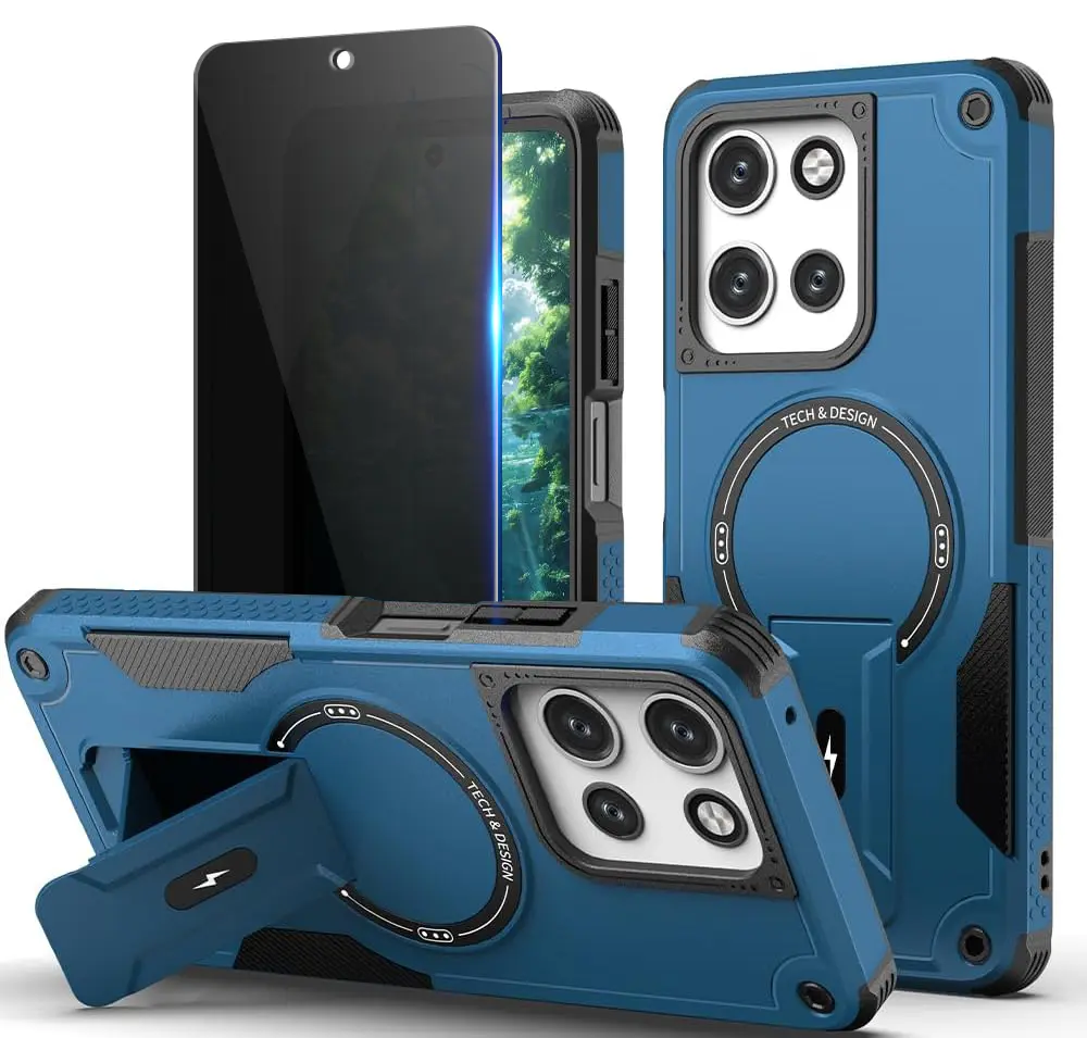 for Moto G 2026/Moto G 2025 Case with Privacy Tempered Glass Screen Protector , Compatible with MagSafe, Invisible Kickstand, Shockproof Phone Cover, Blue