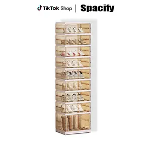 SPACIFY HOME 3 & 9 Tier Foldable Shoe Rack Organizer, Clear Stackable Shoe Storage Cabinet with Tall Boot Compartment, Dust-Proof Shoe Boxes with Doors for Closet Entryway, Space-Saving Vertical Sneaker Display Case for Men Women