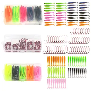 Bass Muskie Fishing Lure Accessories Set, Soft Bait Hooks Kit, Multi-Color T Tail Worms, Realistic Lures, Various Hook Sizes, with Storage Box,Fishing Gifts