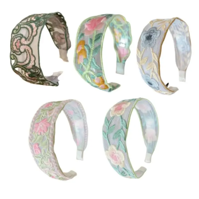 5 PCS Floral Embroidery Headbands for Women - Wide Elastic Mesh Hair Bands with Non-Slip Design, Boho Vintage Headwear for Spring Summer, Comfortable Hair Accessories for Girls & Women