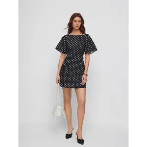 Cider Polka Dot Boat Neck Ruffle Sleeve Knotted A-line Mini Dress SwimWeek
