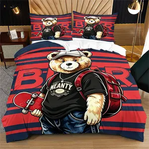 Handsome teddy bear printed pattern duvet cover set, including 1 duvet cover and 1 or 2 pillowcases, without a core or pillow, suitable for bedroom or dormitory bedding set, suitable for gift giving or personal use