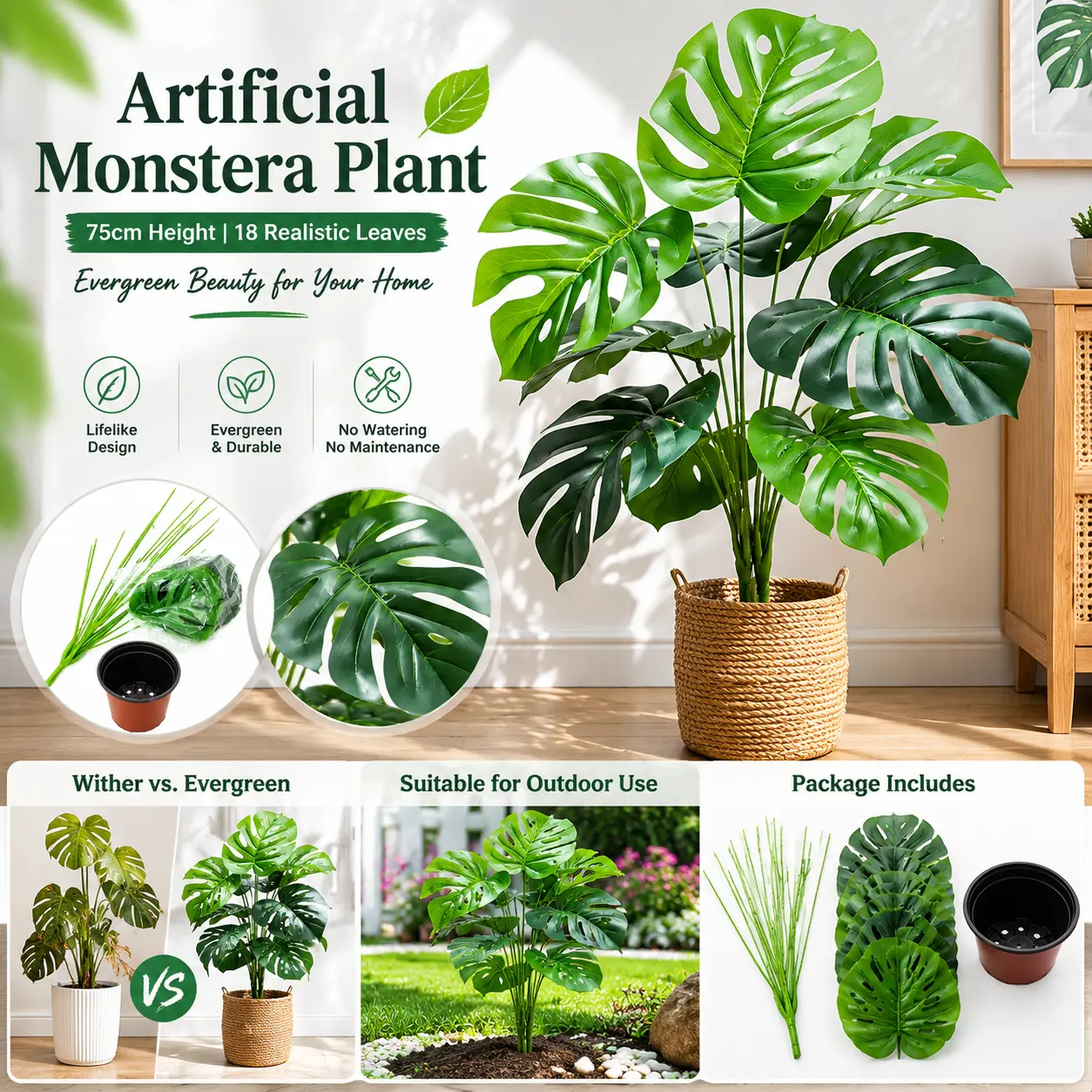 Artificial Monstera Plant 18 Heads 29.5in - Lifelike Tropical Fake Foliage | No Maintenance Decorative Split Leaves for Home Office Indoor Outdoor Decor