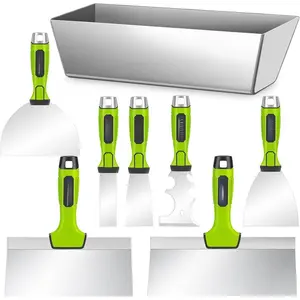 Drywall Tools, 8Pcs High Quality Stainless Steel Drywall Knife Set, Putty Knife with Mud Pan, Ergonomic Grip Tapping Knife with Hammer End for Drywall Work