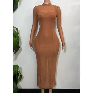 JOELLE BROWN STRETCH BODYCON MESH LONG SLEEVE MAXI DRESS