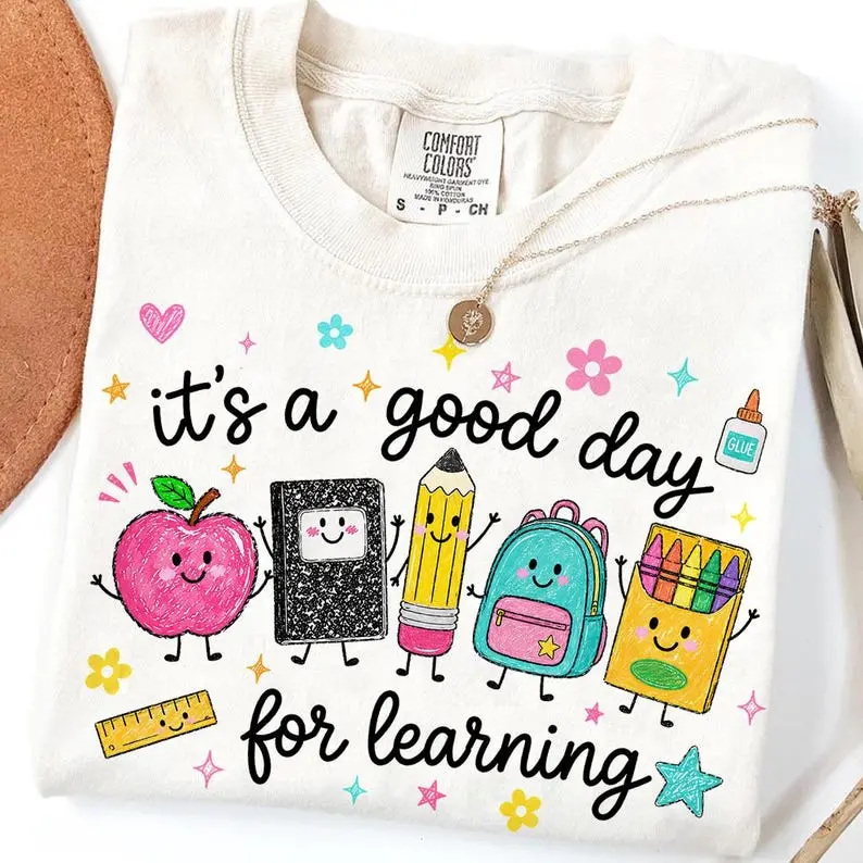Comfort Colors Good Day For Learning Shirt, Teacher Life Tee, Back To School Shirt, Preschool Teacher T-Shirt, Crayon Apple Pencil Graphic Tee