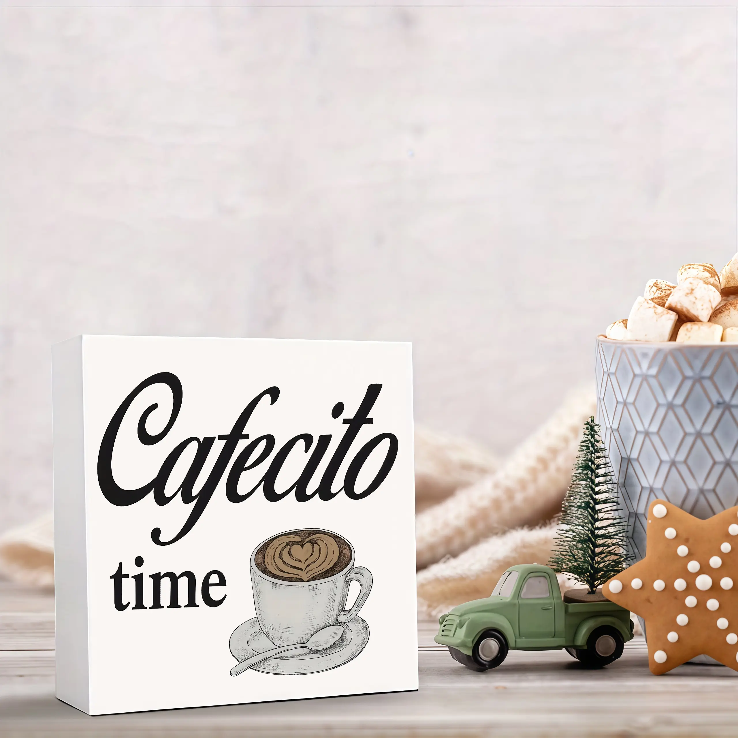 Cafecito Time Wooden Box Sign, Coffee Themed Decor Block Sign, Latte Art Coffee Cup Print Tabletop Decor, Farmhouse Coffee Bar Decor, Housewarming Birthday Christmas Thanksgiving Gift for Coffee Lovers