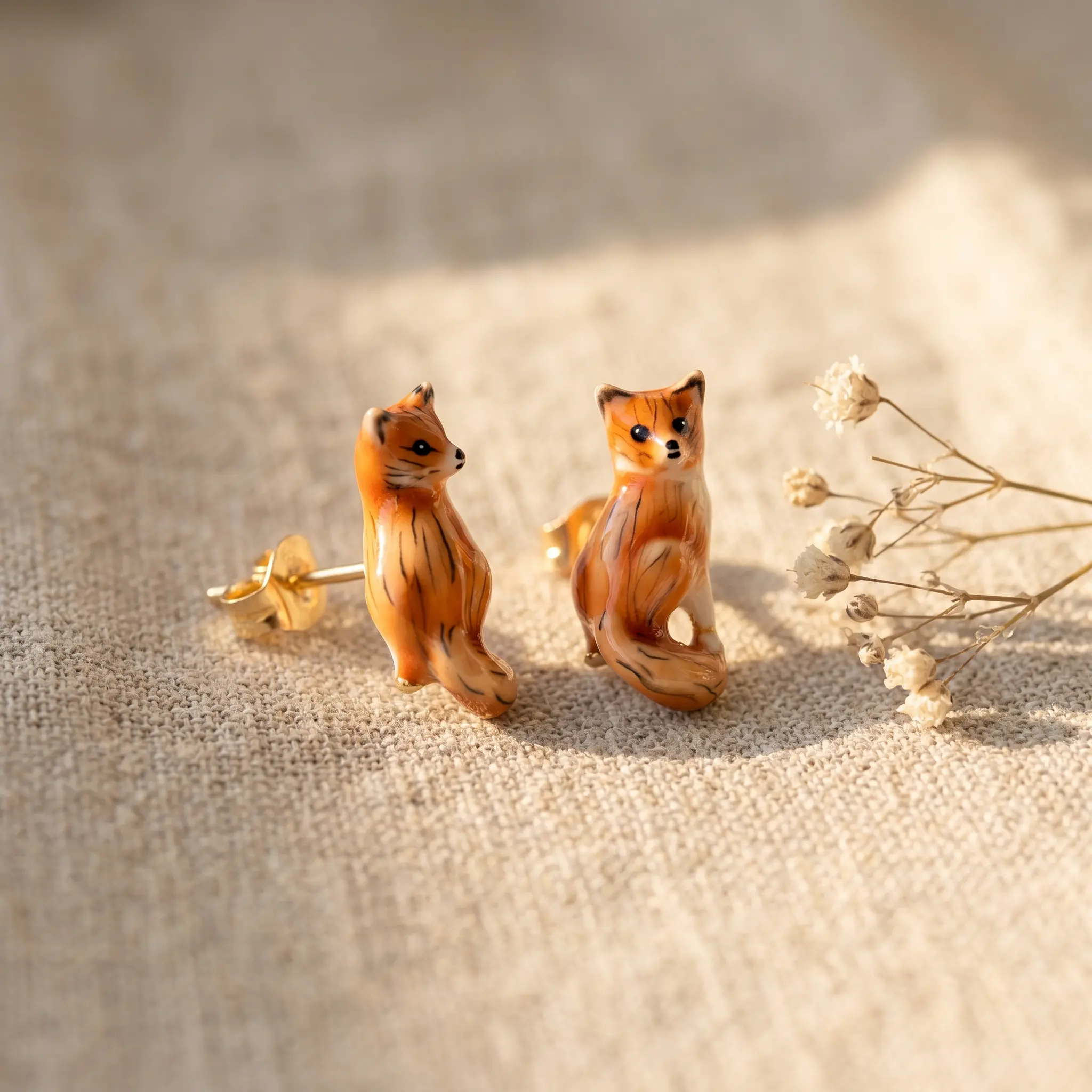 Hand-Painted Fox Stud Earrings, Gold Plated Enamel Sitting Fox Earrings, Cute Animal Jewelry Gift - fox earrings, animal studs, enamel earrings, hand painted earrings, woodland jewelry, cottagecore earrings, cute fox jewelry, fox lover gift, gold studs