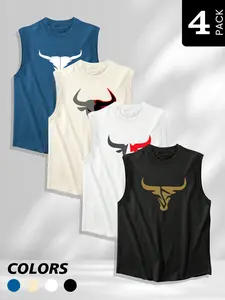 4 Pack Men's Bull Head Graphic Tank Tops - Sleeveless Muscle Shirts, Breathable Gym Workout Tops, Minimalist Strength Style Athletic Casual Streetwear, Sporty Design for Fitness Training, Athletic Apparel