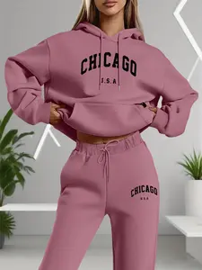 Women's Long Sleeve Hoodie & Pants Set, Womenswear Chicago Print Casual Loungewear, Spring Fall Fashion, Fitted Regular Fit, Pocket Design