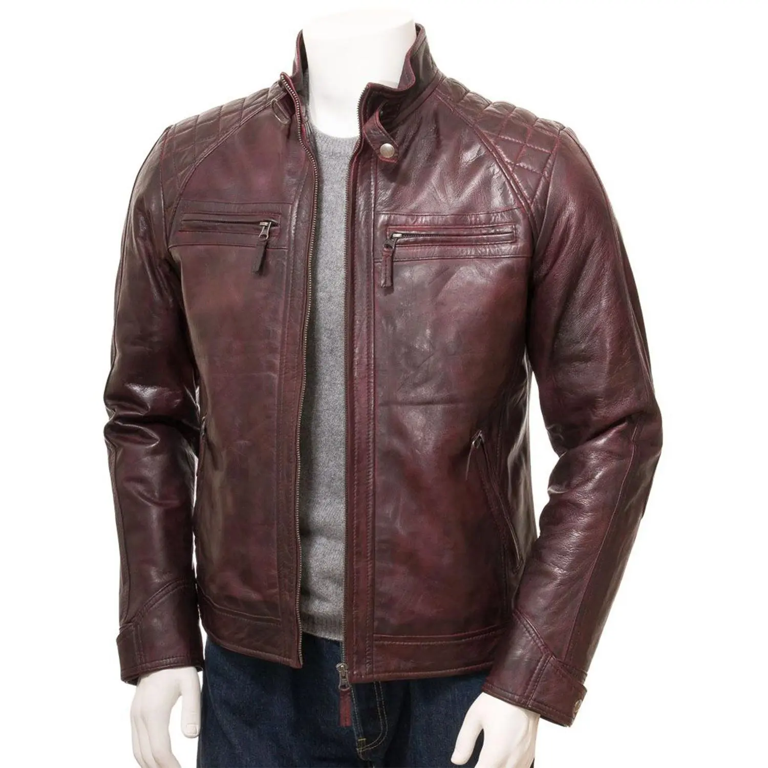 Men's Oxblood Quilted Shoulder Cafe Racer Biker Real Leather Jacket