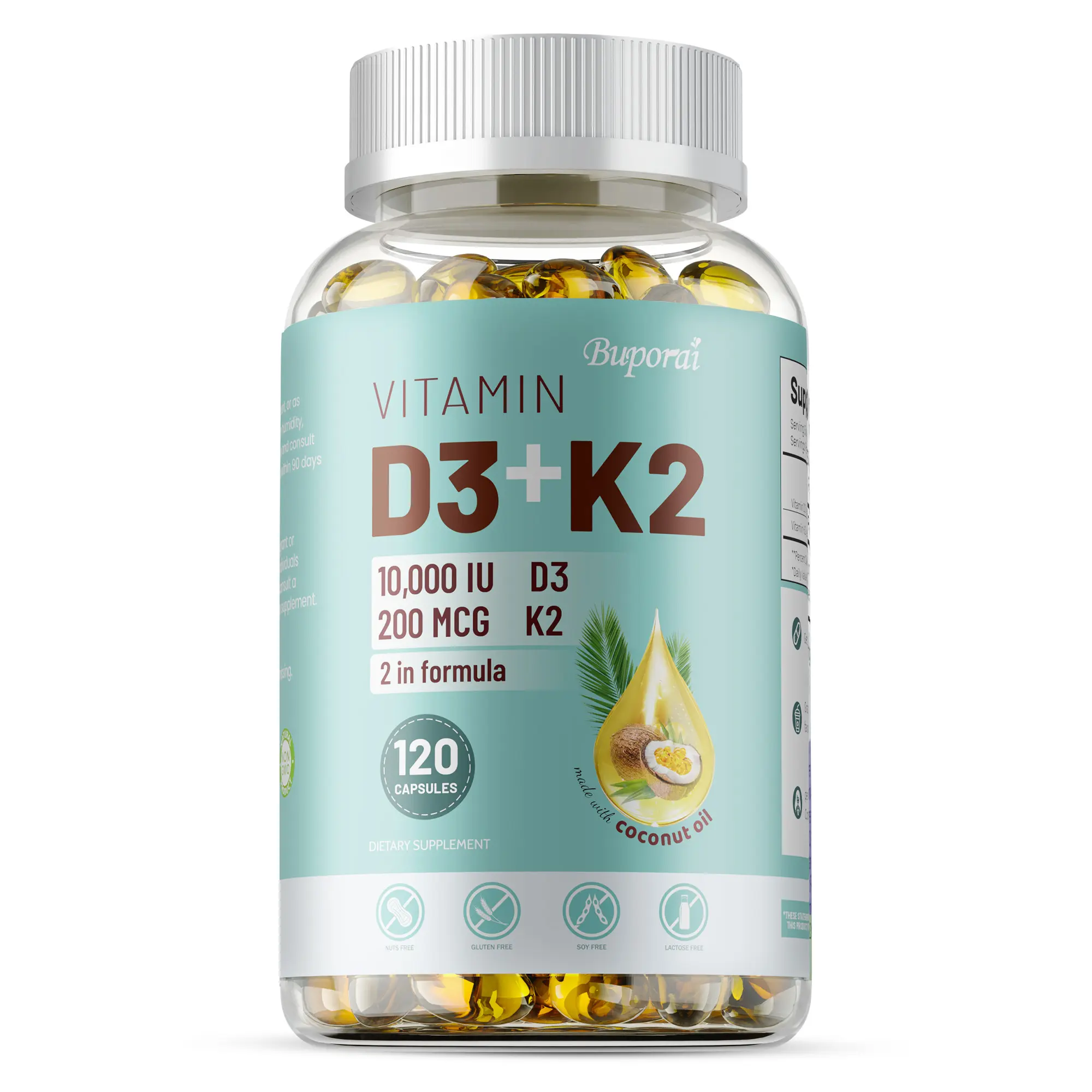 Buporai 120 dietary capsules contain vitamin D3 and vitamin K2 to support calcium absorption and joint, heart, and immune health.