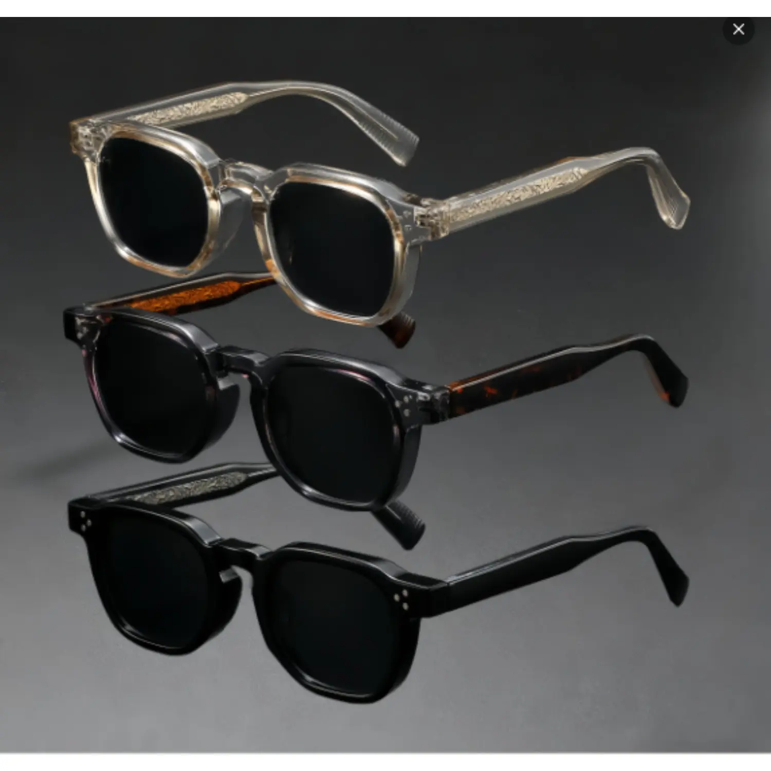 Vintage Square Frame Sunglasses Transparent Gray Acetate Tortoise Engraved Temples Black Lenses Street Style Shades