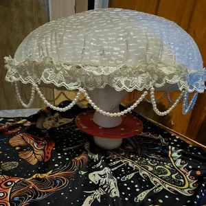 Natural Style Mushroom Hat with Lace Trim and Pearl Beads for Renaissance Faire Festivals and Holidays