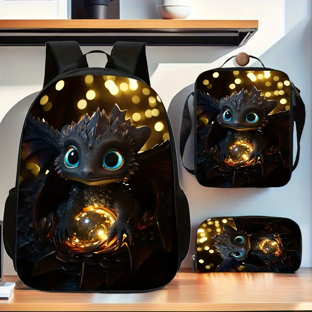 3Pcs Cute Night Fury Dragon Print Backpack Set Durable 600D Oxford Cloth School Bag Combo Adjustable Breathable Strap Large Capacity Fits 15in Laptop for Kids Teens School Travel Outdoor Use