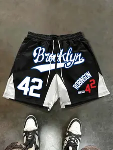 Men's Casual Shorts, Basketball, Vintage Handwriting Letter Print, Blue Colorblock, Comfortable Fabric, Drawstring Waist, Street Sport Style