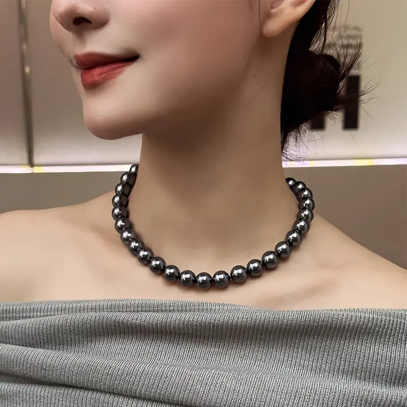[Natural Tahiti Black Pearl Necklace] Tahiti Black Pearl Necklace - Natural Sea Pearl S925 Sterling Silvery Accessories - Large 0.394inch Diameter Non-allergic Wedding Wear Holiday Gift Birthday Gift