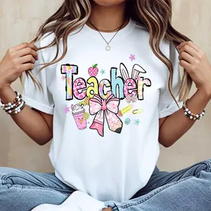 Teacher Print And Floral Design With Bow And Accessories White Short Sleeve T Shirt For Women Casual Wear School Teaching Outfit
