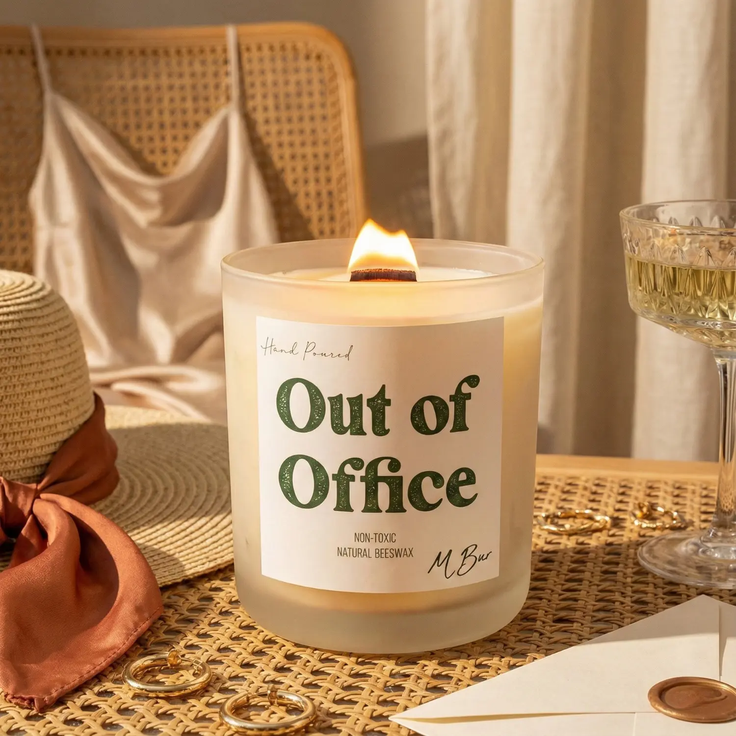 Coconut Bamboo Candle, Wooden Wick, Non-Toxic Beeswax | Out of Office | MBur