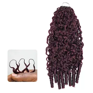 QVR Burmese Curly Feather Crochet Human Hair Dark Burgundy #99J Machine Made Crochet Weave Hair Extensions