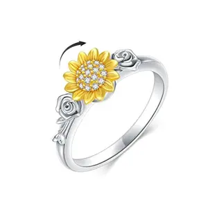 S925 Sterling Silver Sunflower Spinner Ring for Women, Rotatable Flower Fidget Ring for Anxiety & Stress Relief, Elegant Floral Jewelry Gift