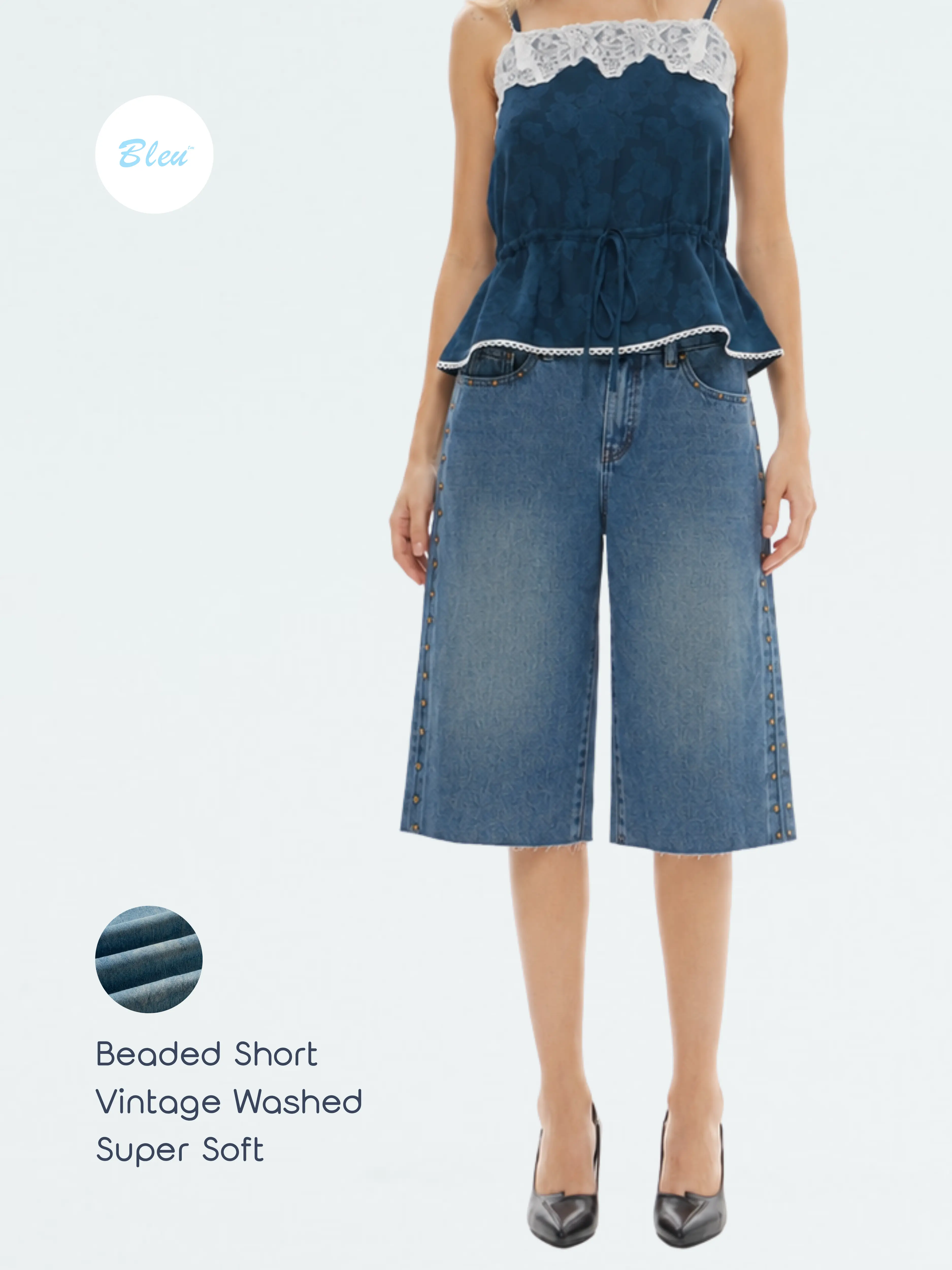 Bleu Women’s Vintage Studded Bermuda Denim Shorts - Mid Washed Long Jean Shorts, Y2K Loose Fit High Rise Streetwear Shorts