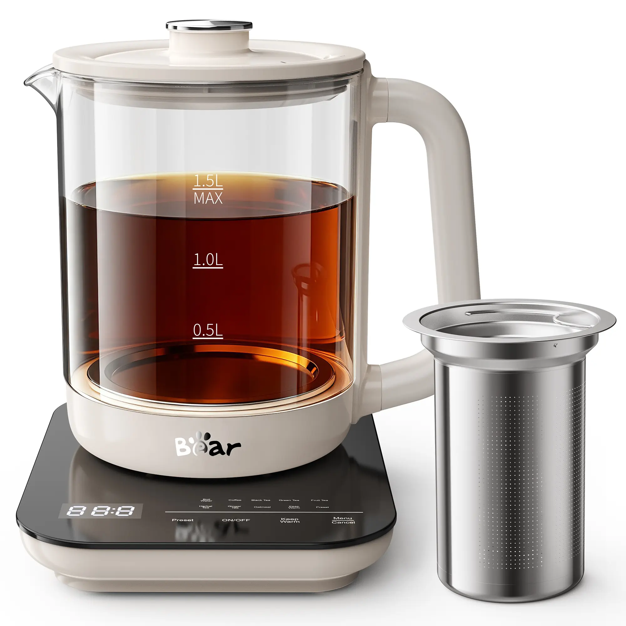 Bear Tea Kettle With Infuser, Rapid Boiling Glass Electric Kettle, coffee pot, 1.5L | Borosilicate glass & 304 stainless steel construction, Auto shut-off, Boil-dry protection, Overheat protection, 24-Hour Keep Warm